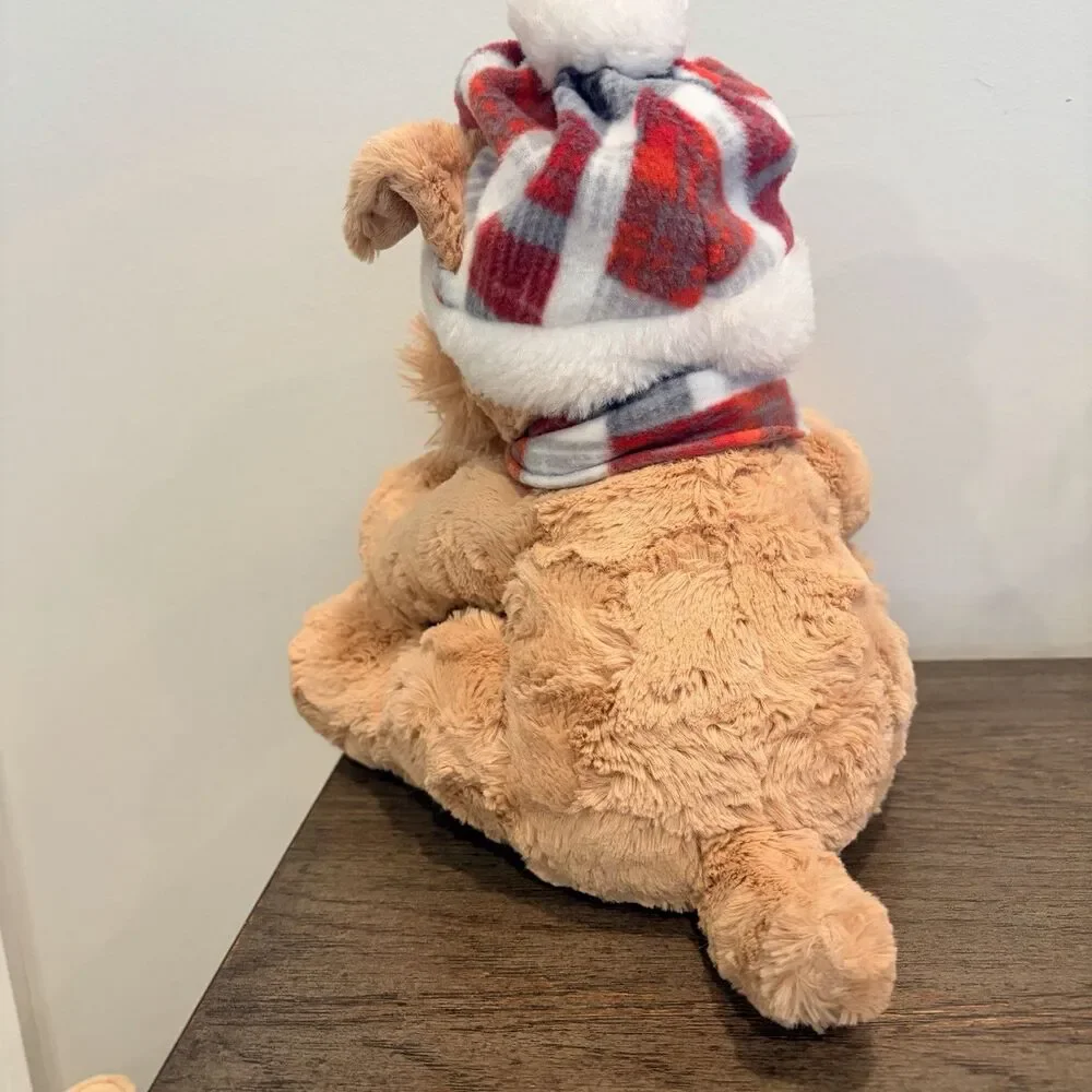 GT Gentle Treasures Tan Brown Sitting Puppy Dog Plaid Winter Hat Scarf 12